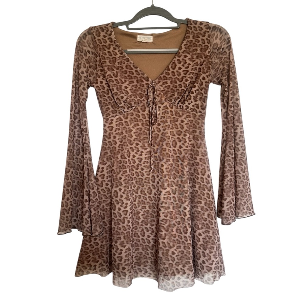 See You Monday Leopard Print Long Flared Bell Sleeve Mini Babydoll Dress